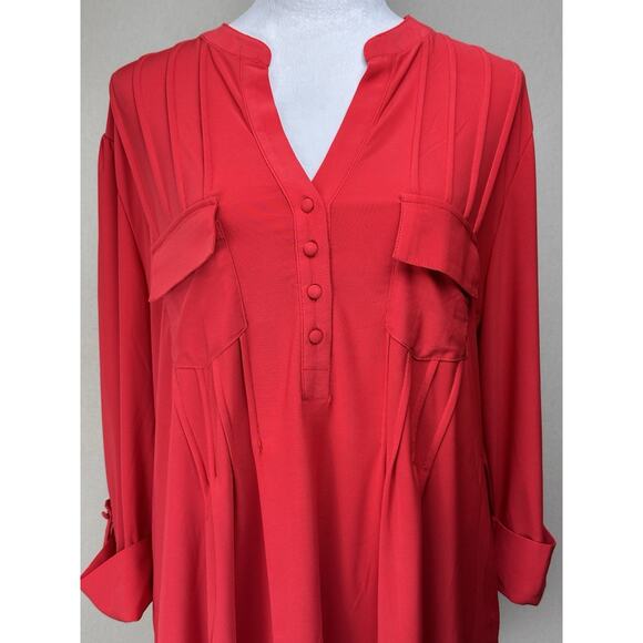 Ava & Grace Sz 1X Solid Red Stretch Knit Rolled Tab Popover Blouse Tunic Holiday - Picture 2 of 16